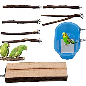 PURPLE STAR 1N 8Pcs Bird Bath for Cage with Mirror and Play Stand,Small Medium Bird Baths Bowl with Fixable Parakeet Parrot Natural Wood Stand Cage Accessories for Outdoor Indoor