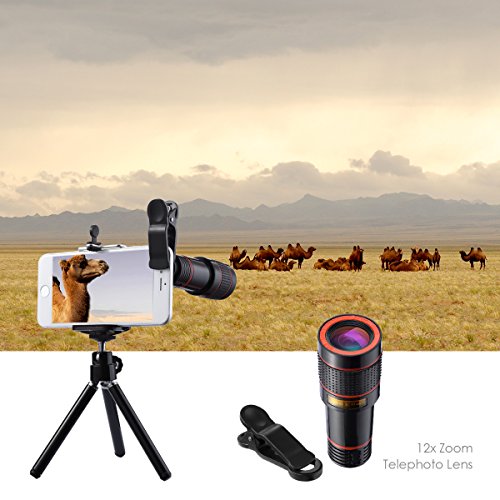 Criacr Lenti Smartphone 4 in 1,198 Lente Fisheye + 0,63x Lenti Grandangolo + 12x Obiettivo Teleobiettivo Zoom + 15x Obiettivo Macro con Supporto per iPhone, Samsung Galaxy, ecc