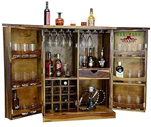 Sandeep Furniture Wooden Stylish Brown Bar Cabinet With Wine Glass Storage | Teak Finish