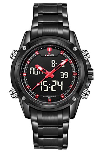 NAVIFORCE Herren Sport Armbanduhr Edelstahl Analog Digital Quarz Kalender Alarm Chronograph 3ATM wasserdicht rot 9050 NAVIFORCE Herren Sport Armbanduhr Edelstahl Analog Digital Quarz Kalender Alarm Chronograph 3ATM wasserdicht rot 9050