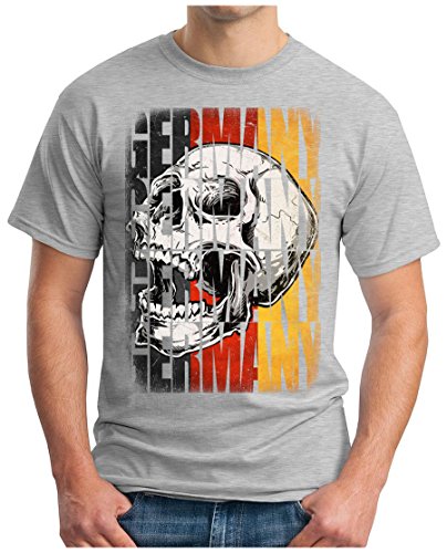OM3 – GERMANY-SKULL – T-Shirt DEUTSCHLAND EM 2016 FRANKREICH FRANCE FUSSBALL FANSHIRT SOCCER SPORT TRIKOT EUROPAMEISTER, XXL, grau meliert