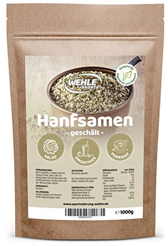 Semi di canapa sbucciata, 1 kg fonte di proteine naturali, acidi grassi Omega-3 e omega-6 insaturi essenziali - Semi di canapa by Wehle Sports, vegan, gluten - free, crudi, 1000 g, seme di semi di ca