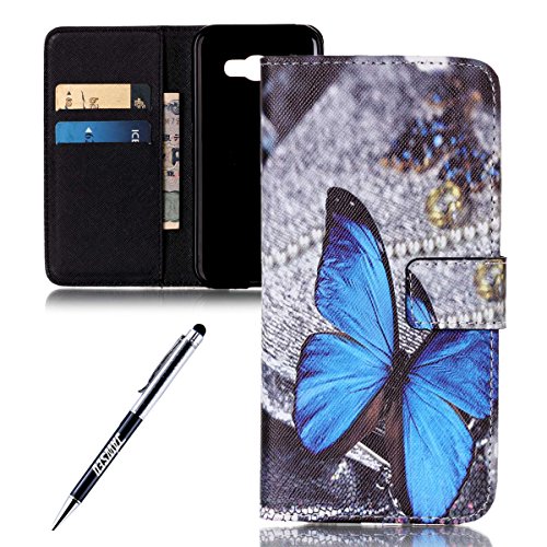 Galaxy A5 2017 Hülle,Samsung Galaxy A5 2017 Handyhülle Brieftasche,Retro Blau Schmetterling Muster Leder Schutzhülle Case Etui im Bookstyle Weiche Inner Magnetverschluss Protektiv Flip Hülle Tasche Wallet Telefon-Kasten Case Cover mit[Ständerfunktion] und [Kartenfächer]für Samsung Galaxy A5 2017+1xSchwarz Glitzer Bling Eingabestift-Blau Schmetterling