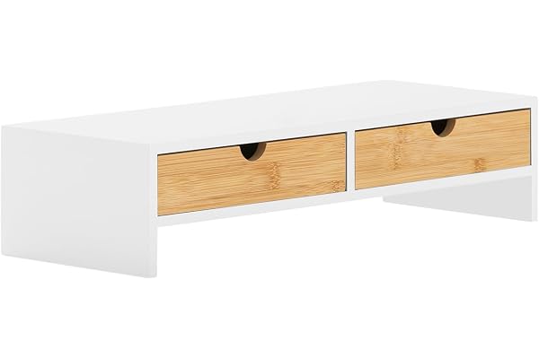 SoBuy Support Écran PC Rehausseur Ecran PC Bureau avec 2 Tiroirs et Rangement Support Moniteur Universel pour Ordinateur Portable ou Écran Blanc-Naturel 47x18x11cm BBF02-WN