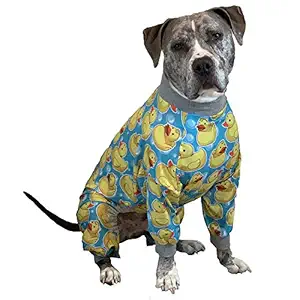 Tooth and Honey Pit Bull Pajamas/Rubber Duck Print/Lightweight Pullover Pajamas/Full Coverage Dog pjs/Yellow with Grey Trim (L)