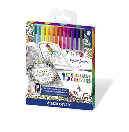 Staedtler Fineliner triplus Johanna Basford Edition, ergonomische Dreikantform, superfeine Spitze, Strichbreite 0.3 mm, Kartonetui mit 15 farblich sortierten Finelinern, 334 C15JB