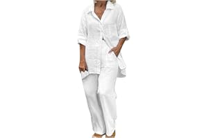 SUSENSTONE Femme Ensemble de Survêtement Coton et Lin Printemps Chic Chemisier + Pantalon de Joggings Tenue de Sport Décontracté Streetwear Casual Couleur Unie Hauts Lâche Respirant Chemise Tops