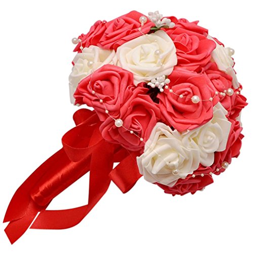 FEITONG Rosen Perle Hochzeit Bouquet Künstliche Blumen Deko (23*15*29cm, Rot)