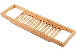 KHANARY Bath Tub Rack Premium 100% Natural Bamboo Bathroom Slim Caddy Bridge organizer Wooden tray Shelf Holder Relax days Perfect Book Wine Glass Phone Spa Natural White & Grey Rack (Natural)