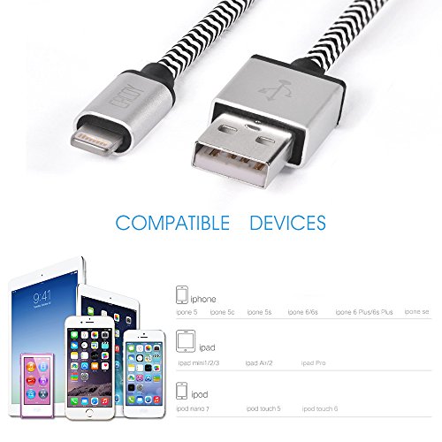 Lightning auf USB Kabel 3m, CACOY iPhone Ladekabel Nylon Geflochten – Apple MFi zertifiziert – für iPhone 7 / 7 Plus / SE / 6S / 6S Plus / 6 / 6 Plus / 5S / 5C / 5 , iPad Air / Air 2, iPad mini / 2 / 3 / 4, iPad Pro – Weiß und Schwarze - 6