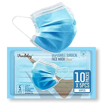 Vandelay 3 Ply Non-Woven Fabric Disposable Surgical Mask - BFE & PFE 99.5% - UV Sterilized - 3 Layer Face Masks (Blue, Without Valve, Pack of 50) for Unisex