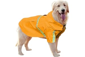 Uktunu Impermeabile per Cani Cappottino Catarifrangente per Cani Gatto con Cappuccio e Foro per Colletto e Strisce Riflettenti Protettive Ultraleggero e Impermeabile 100% - Arancia, 3XL