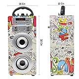 altavoz karaoke con microfono Sus Medidas (Alto: 29 cm, Ancho: 14 cm, profundidad: 12 cm: Lo hacen fácilmente portable, muy cómo de usar e ideal para divertirse con amigos con modo Karaoke, gracias al cual podemos enchufar dos micrófonos