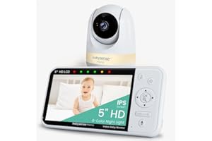 Babysense Prisma Babyphone avec Caméra et Audio, Babyphone Vidéo HD 5", Veilleuse 6 Couleurs, Écran Divisé, Machine à Son pour Bébé avec Bruit Blanc et Berceuses, sans WiFi