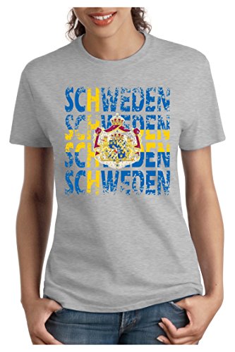 OM3 – SCHWEDEN – Damen T-Shirt tailliert – SWEDEN EM 2016 FRANKREICH FRANCE FUSSBALL FANSHIRT SOCCER SPORT TRIKOT EUROPAMEISTER, M, grau meliert