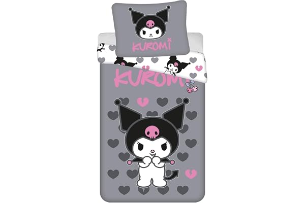 Kuromi Flicka Enkelsäng Påslakan 135x200 + Örngott Grå/Rosa 100% Bomull | Vändbart sängset | Enkelsäng | 100% Bomull Oeko-Tex | Kuromi | Perfekt present