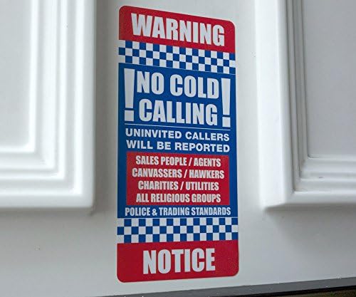 No Cold Calling Warning Notice Door Sticker - 7cm x 14.5cm UV Laminated (Red and Blue)