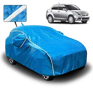 Carzex Waterproof Car Body Cover for Maruti Suzuki Swift Dzire 2012-2017 with Mirror and Antenna Pocket and Soft Cotton Lining (Full Bottom Elastic Triple Stitched) (Blue Metallic with White Piping)