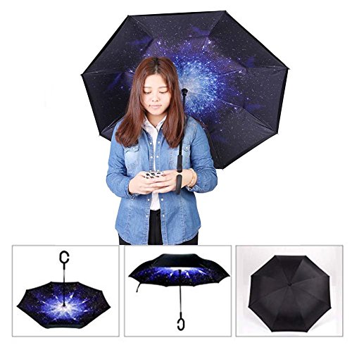 Double Layer Inverted Regenschirm stabil winddicht UV-Schutz faltbar Dach selbst für Auto Regen Schutz C-Form Griff Verwendung Reisen und Auto Premium Regenschirm mit Etui, leicht, winddicht,Taschenschirm / Reise-Regenschirm / Outdoor-Regenschirm (Bright stars) - 5
