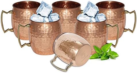 Solid Copper Moscow Mule Mug - Set of 6 Mugs - No Lining - 100% Pure Copper - Hammered Type Copper Mug - 45 cL Capacity - Great for Any Chilled Beverage! Brilliant for Entertaining &amp; Your Home Bar Cart! Unique Barware Gifts for Women &amp; Men (6 Mugs)