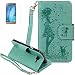 Produktbild ISENPENK Samsung Galaxy J3(2016)/J320/J3(2016)Duos Flip Case,Original Flip Bookstyle Cover Wasserdicht Shockproof Anti Slip Protection Multifunktions Leather Case Wallet Hülle,Mädchen Vögel und Katze Print Muster Pattern Wallet Case mit Intern Karte Schlitz,Anti-Sturz Stoßfest Stoßdämpfend Triangle Hemming Wallet Tasche,Magnetic Closure Schutzhülle mit Standfunktion Handy Gürtel für Samsung Galaxy J3(2016) 5.0Zoll-[grün]+Panzerglas Folie/Schutzfolie/Displayschutzfolie