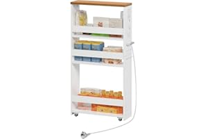 ‎FETINES FetiNes Rolling Cart with Sockets, Kitchen Trolley, Narrow Recess Shelf on Wheels, Steel, Handle, for Small Spaces, 40 x 14 x 80 cm, Kitchen, Bathroom, Living Room, Study, Vintage Brown+White