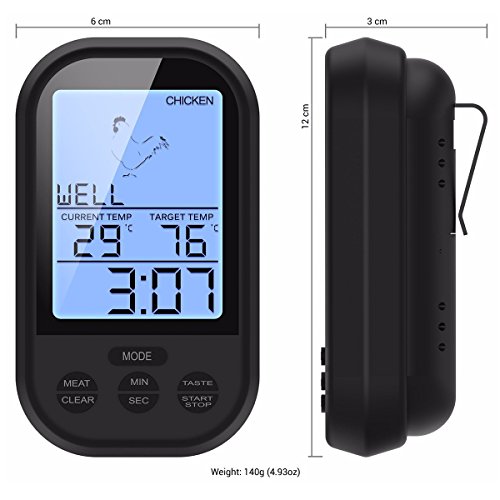 Wireless Barbecue Grill Thermometer ,SGODDE Digital Zeitmesser mit großem LCD-Display , Grillthermometer Bratenthermometer mit Timer für BBQ Kochen, Grill, Ofen, Fleisch, Indoor / Outdoor-Grill schwarz - 4