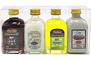 DELIEX DELICIAS DE EXTREMADURA Pack botellitas de licores en miniaturas de hierbas, crema de orujo, crema de arroz con leche y licor de café, total 20 cl, detalles para invitados en bodas, bautizos y comuniones
