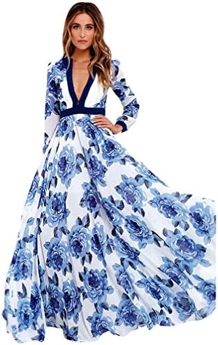 HARRYSTORE Womens V-Neck Sexy Lace Up Sleeveless Blue Floral Print Casual Party Maxi Long Dress (M, Blue)