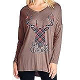 TianWlio Weihnachten Pullover Langarmshirt Bluse Hoodie Frauen Herbst Winter Mode T-Shirt Top Langarm Brief Weihnachten Elch Kopf Drucken Bluse (L, Kaffee)