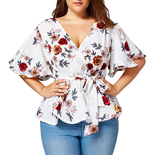 Blusas para Mujer Rawdah Mujer Sexy Blusa Estampado De Flores De Moda MáS El TamañO Blusa Peplum De Sobrepelliz con CinturóN Blusas con Cuello En V Falda Y Blusa De Mujer Elegante Media Manga (XXXL)