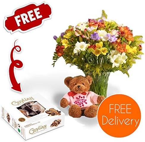 Fresh Flowers Delivered - Guernsey Freesia Bouquet with Baby Girl Bear, Chocolates, Flower Food and Bonus Ebook Guide - Perfect For Valentines Day