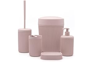 INBAGNO Set bagno accessori completo – 5 pezzi, kit accessori appoggio colorato rosa, include dispenser, portaspazzolini, portasapone, scopino wc e pattumiera 4,2 lt, linea Ring