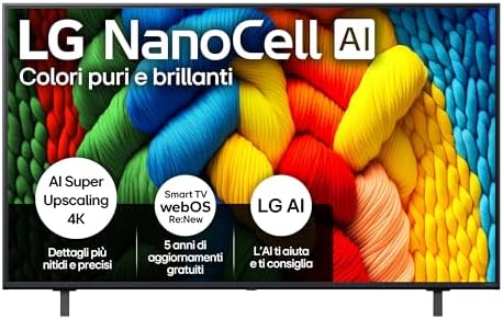 LG NanoCell AI NANO80 TV 55 pollici, Smart TV 4K, Processore α7 Gen8, Tecnologia NanoCell, webOS con AI e telecomando puntatore AI, Filmmaker mode, Gaming con VRR 4K@60Hz, 55NANO80A6B 2025