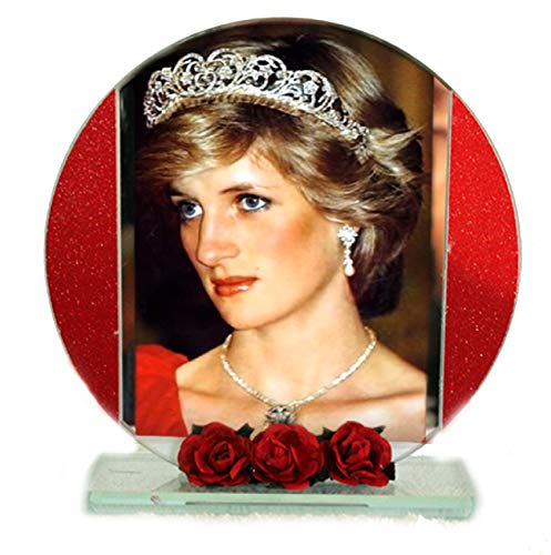 Cellini Plaques Princess Diana, English Rose, Photo Cut Glass Round Frame Plaque & Red Roses, Limited Edition