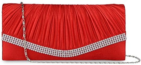 Womens Pleated Crystal Envelope Clutch Purses Studded Satin Bridal Wedding Bag Handbag(Red)