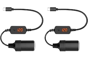 Giantdeer 2PCS Presa da Maschio di Tipo C a Femmina di Accendisigari con Display di Tensione, Cavo da USB C a Accendisigari per Auto con Pulsante per Commutare Manualmente la Tensione di 5V/9V/12V