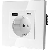 Schuko Wall Plug 86 mm White USB (max. 2.1 A, 220 V) Type C | Schuko Single Wall Socket 3 in 1 Recessed Plug for Mobile Phone