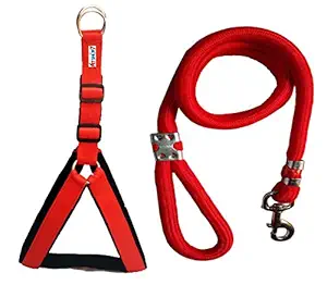 Petshop7 Nylon Padded Red Adjustable Dog Harness & Leash Rope 1.25 Inch for Large Pet (Chest Size : 30-35)