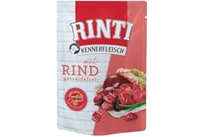 RINTI Kennerfleisch Rind | 10 x 400 g | Alleinfutter für ausgewachsene Hunde im Frischebeutel | Getreidefreies Futter mit hohem Fleischanteil | Zur Regulierung der Verdauung