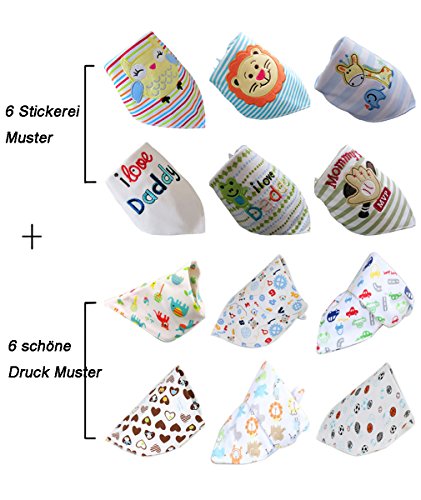 Norcci 12er Baby Kinder Cartoon Baumwolle Dreieckstuch Lätzchen Babylätzchen Halstuch Mit Druckknöpfen Multifunctional - 2