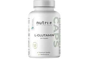 ‎NUTRI + Nutri + L Glutamin Kapseln vegan + hochdosiert - 240 Kapseln - 750 mg reines L-Glutamin Mega Caps - 100% rein + pflanzlich ohne Zusatzstoffe