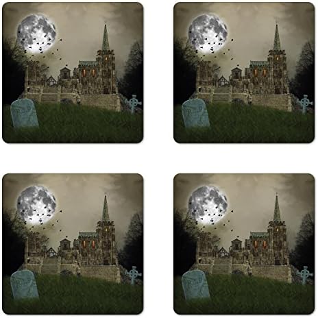 Gothic Coaster Set of Four, Old Village and Graves with Medieval Castle and Full Moon Birds Fog Horror Art, Square Hardboard Gloss Coasters for Drinks, Beige Green