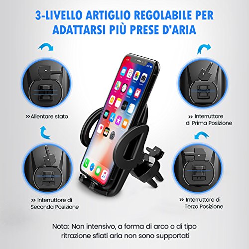Mpow - Supporto universale da auto per cellulare, rotazione di 360Â gradi, regolabile in 3 livelli tramite morsetto, per cellulari come iPhone 7 / 7 Plus / 6S / 6S Plus / 6 / 6 Plus / SE / 5S, Samsung Galaxy S7Â / S6Â / J5Â / A5, Asus ZenFone 3, Huawei ecc.