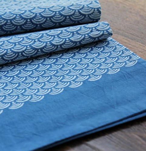 ZHUOQI Table Runners Wave Striped Home Textile Tablecloths Linen Tablecloth Fish Scales Hand Prints Cotton Table Flag Blue