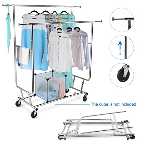 LANGRIA Zusammenklappbar Kleiderständer Rollbar Garderobenständer mit 2 Verstellbare Kleidertange, 4 Omnidirektionalen Rädern, Halten bis 250 lbs (55,1 bis 65,0 “ H x 50,4-74,0 “ W x 21.7 “ D), Chrom-Finish - 4