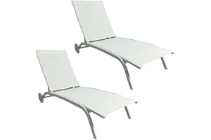 MOMMA HOME MOMMAHOME® Pack 2 Tumbonas Jardin Exterior - Reclinable 4 Posiciones, Terraza y Piscina, Ruedas de Aluminio, Textilene Blanco, Mallorca, Color Blanco, 193x61x30/94 cm
