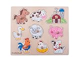 Das Bauernhof-Puzzle von EverEarth fördert die Entwicklung der Hand-Augen-Koordination. Die Kinder lernen dabei, unterschiedliche Formen und Tiere zu erkennen.