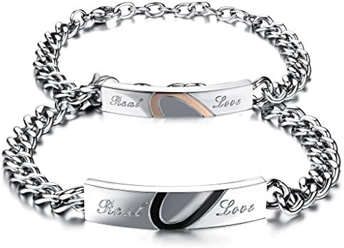 Jewow Jewellery 2 Pieces Matching Heart Engraved "Real Love" Stainless Steel Couple Link Chain Bracelets