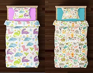 PumPum Collection Kids Boys Girls Teens Children Soft Comfortable Printed Combo Flat Micro Cotton Single Bedsheet (Pack of 2) ,Dinosaur & Alpahabets Animals
